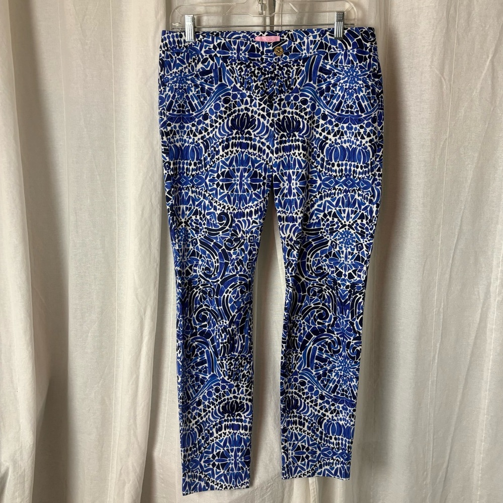 Lilly Pulitzer Kelly Skinny Ankle Sz 8 Blue White Stretch Low Rise Taverna Tile